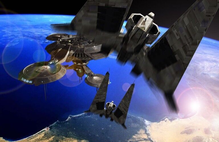 spaceship hovers above earth with blue ocean intellectual property