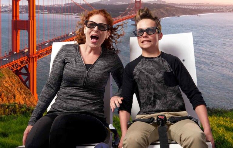 guests fly over golden gate bridge in new 3D flying theatre The Flyer