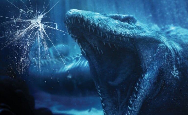 The magnificent aquatic Mosasaurus inside "Jurassic World--The Ride's" massive Aquarium Observatory Tank at Universal Studios Hollywood