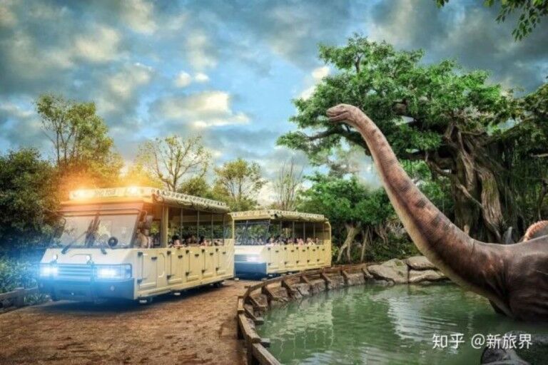 Super 78 ride Dino Tour trams going past animatronic dinosaur in rainforest
