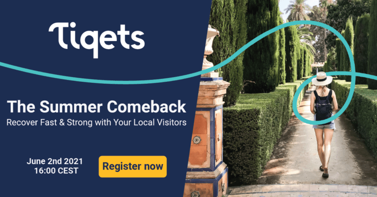 Tiquets Conference "The Summer Comeback" text with woman walking through a garden
