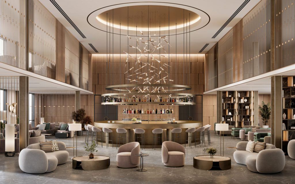 Hotel Bar with chandelier and seating area. HRDS