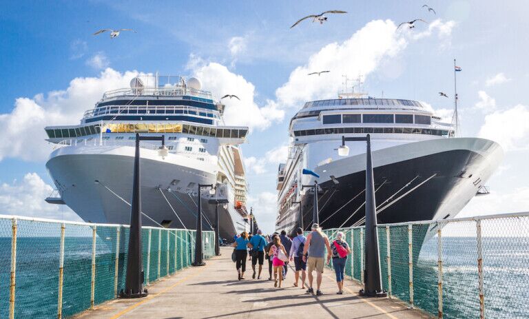 Cruise passengers return to cruise ships at St Kitts Port Zante